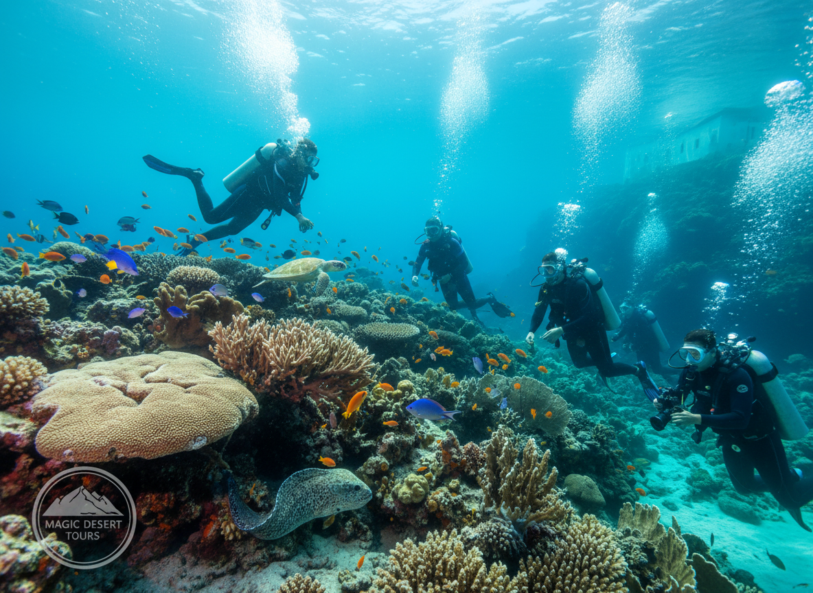 A vibrant underwater scene showcasing a diverse coral reef near Morocco, teeming with colorful fish and marine life. In the foreground, a diverse group of people in modest casual diving attire, engaged in a diving experience, displaying different skill levels, from beginner to advanced, with some observing marine life and others exploring the reef. The middle ground features intricate coral formations, with rays of sunlight filtering through the crystal clear water's surface, creating a magical atmosphere. In the background, the faint silhouette of a Moroccan coastline adds depth to the image. The lighting should be bright and inviting, emphasizing the beauty of the underwater world. Include a subtle logo of "Magic Desert Tours" incorporated into the scene, harmonizing with the natural elements.