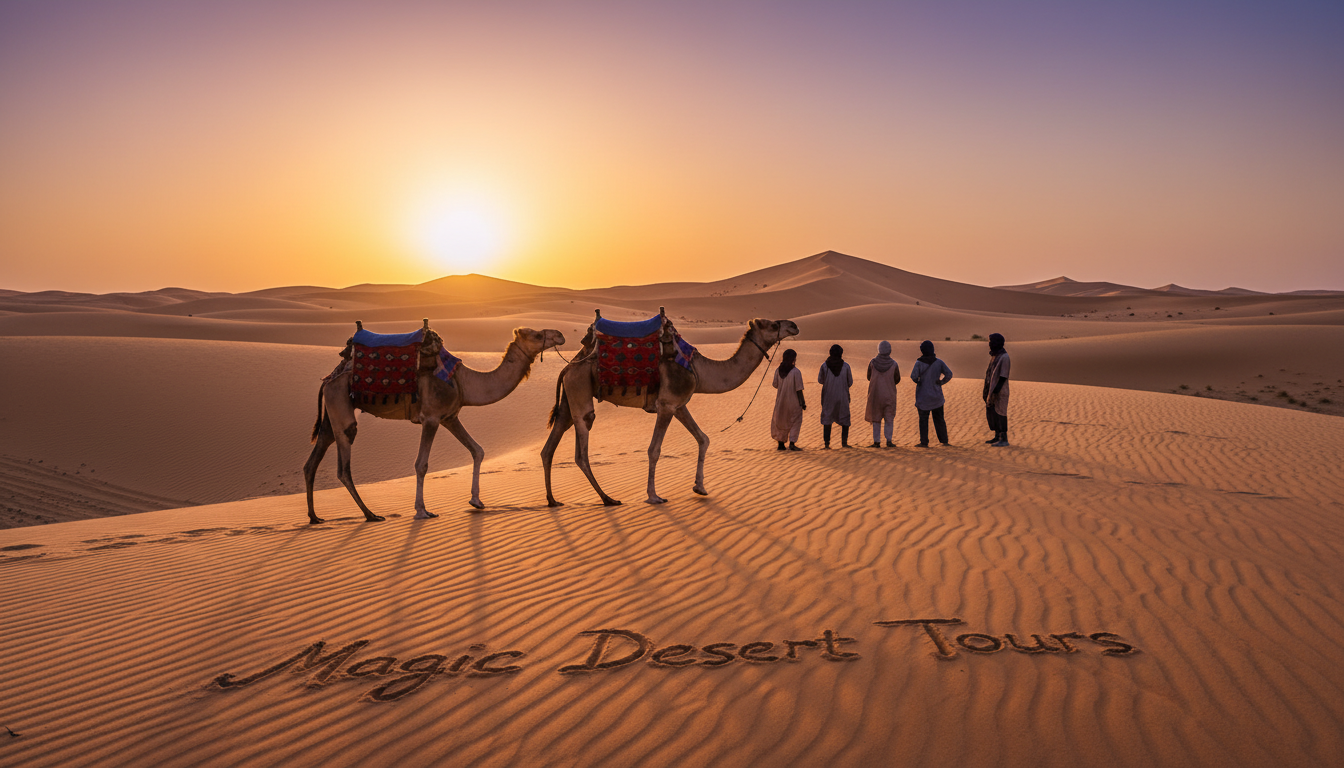 Camel trekking through the stunning Sahara dunes at sunset, capturing the warm, golden hues of the fading light. In the foreground, two camels adorned with traditional Moroccan saddles glide gracefully over the undulating sand, their shadows stretching behind them. In the middle ground, a small group of travelers in modest, casual clothing marvel at the breathtaking landscape, silhouetted against the vibrant sky. The background showcases an expansive desert vista, with towering dunes and a gradient of colors transitioning from orange to deep purple as the sun sets on the horizon. The mood is tranquil and adventurous, evoking a sense of wanderlust and exploration. This image embodies the unforgettable experience offered by Magic Desert Tours, inviting viewers to immerse themselves in the beauty of the Moroccan Sahara.