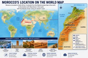 Political map of Morocco showing major cities, regions, the Atlas Mountains, the Sahara Desert, Atlantic Ocean, Mediterranean Sea, and neighboring countries.