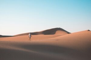 Golden sand dunes of the Sahara Desert in Merzouga, Morocco, with camel caravans at sunset under a clear blue sky.