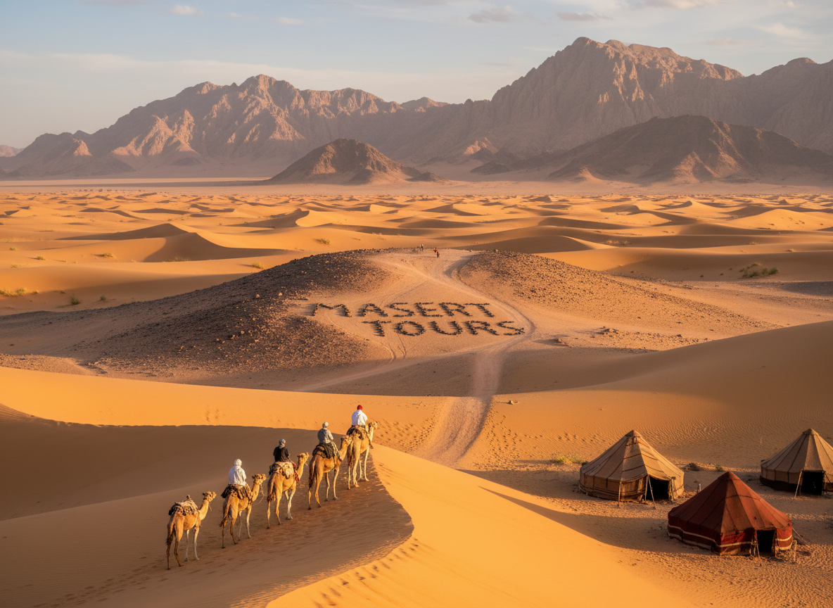 Vast and breathtaking landscape of the Atlas Mountains merging into the Sahara desert, showcasing golden dunes rolling towards the horizon. In the foreground, a group of travelers dressed in modest, casual clothing engages in desert activities, such as camel riding, with traditional Berber tents nearby. The middle ground features a winding path through rocky terrain leading up to the mountains, creating a sense of adventure. In the background, towering Atlas peaks catch the warm afternoon sun, casting dramatic shadows on the sand. The atmosphere is lively yet tranquil, evoking a sense of exploration and allure. Soft, golden lighting enhances the scene, capturing the magical essence of Morocco’s beauty. Include the brand name “Magic Desert Tours” subtly integrated into the landscape, without text overlays or logos distracting from the image.