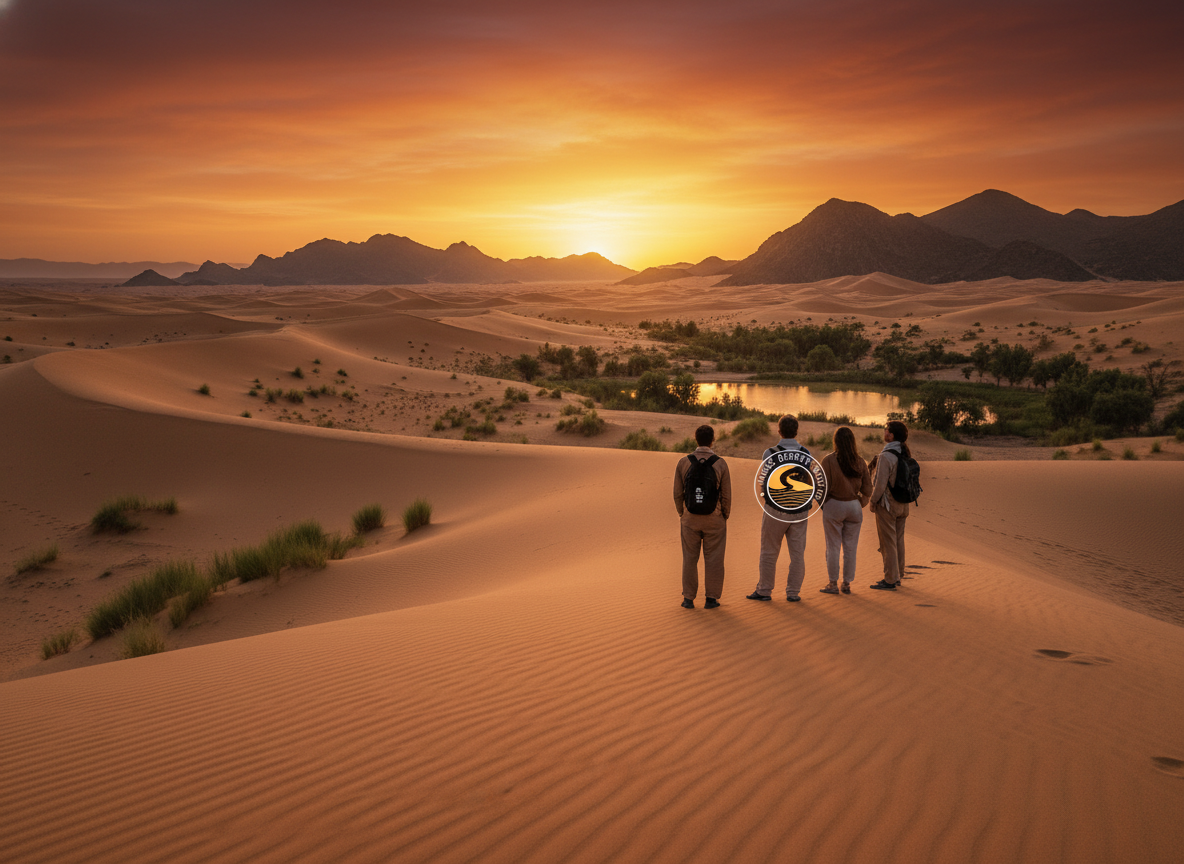 Vibrant fall landscape in the Moroccan desert during sunset, showcasing the rich hues of orange, red, and gold hues in the sky. In the foreground, smooth, wind-sculpted sand dunes ripple gently, casting long shadows. A small group of travelers dressed in modest casual clothing gather, enjoying the breathtaking view, with subtle representation of the "Magic Desert Tours" logo in the scene. In the middle ground, tufts of green vegetation punctuate the dunes, while a distant oasis glimmers under the golden light. The background features rugged mountains framed against the colorful sky, with a warm glow illuminating the desert. The atmosphere is serene and inviting, evoking a sense of adventure and tranquility, captured with a soft focus and wide-angle lens to encompass the vastness of the landscape.