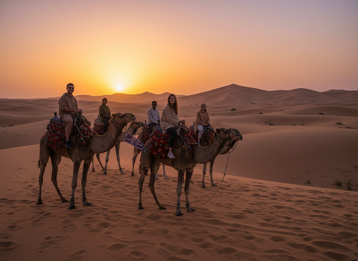 private desert expeditions morocco camel caravan at sunset