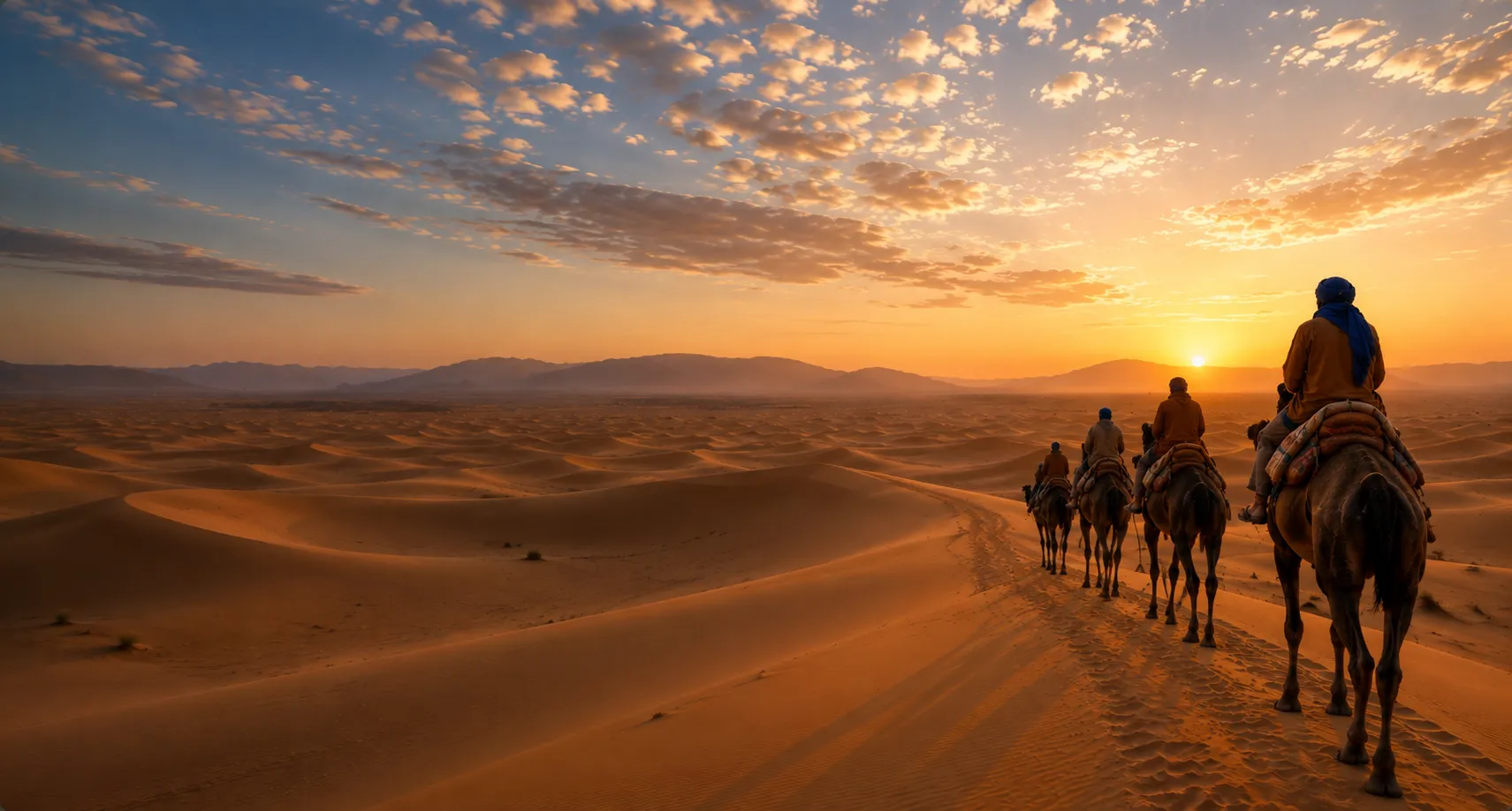 Morocco Sahara Desert Camel Caravan at Sunset